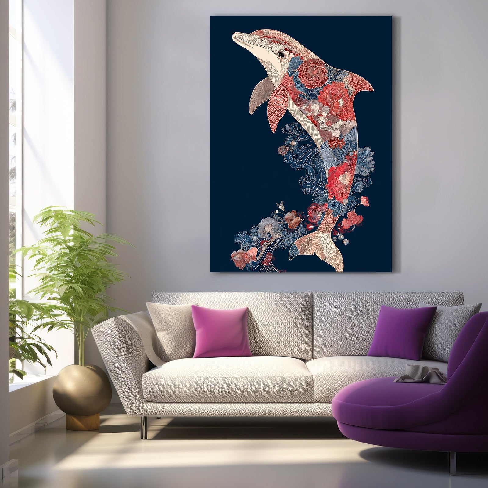 Navy Folk Bloom Dolphin Art – styled in a furnished interior