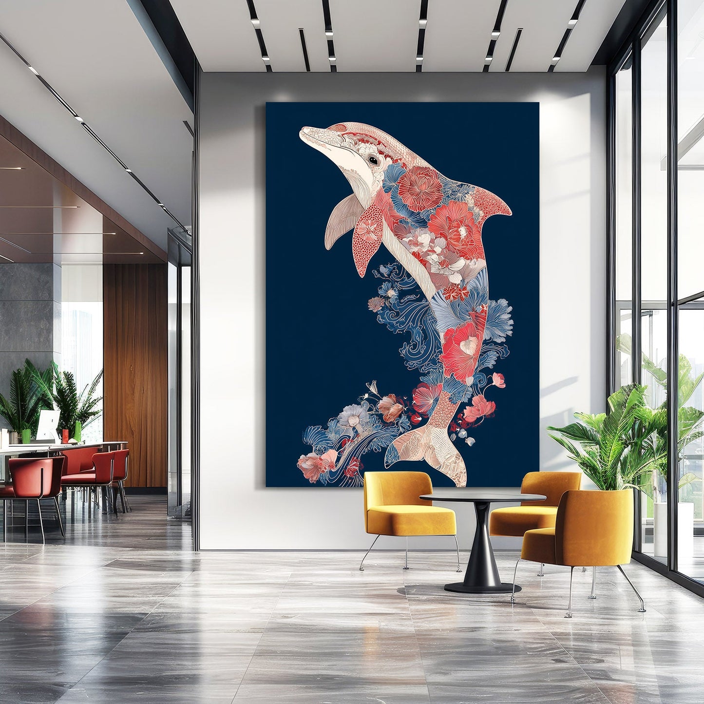 Navy Folk Bloom Dolphin Art – styled in a furnished interior