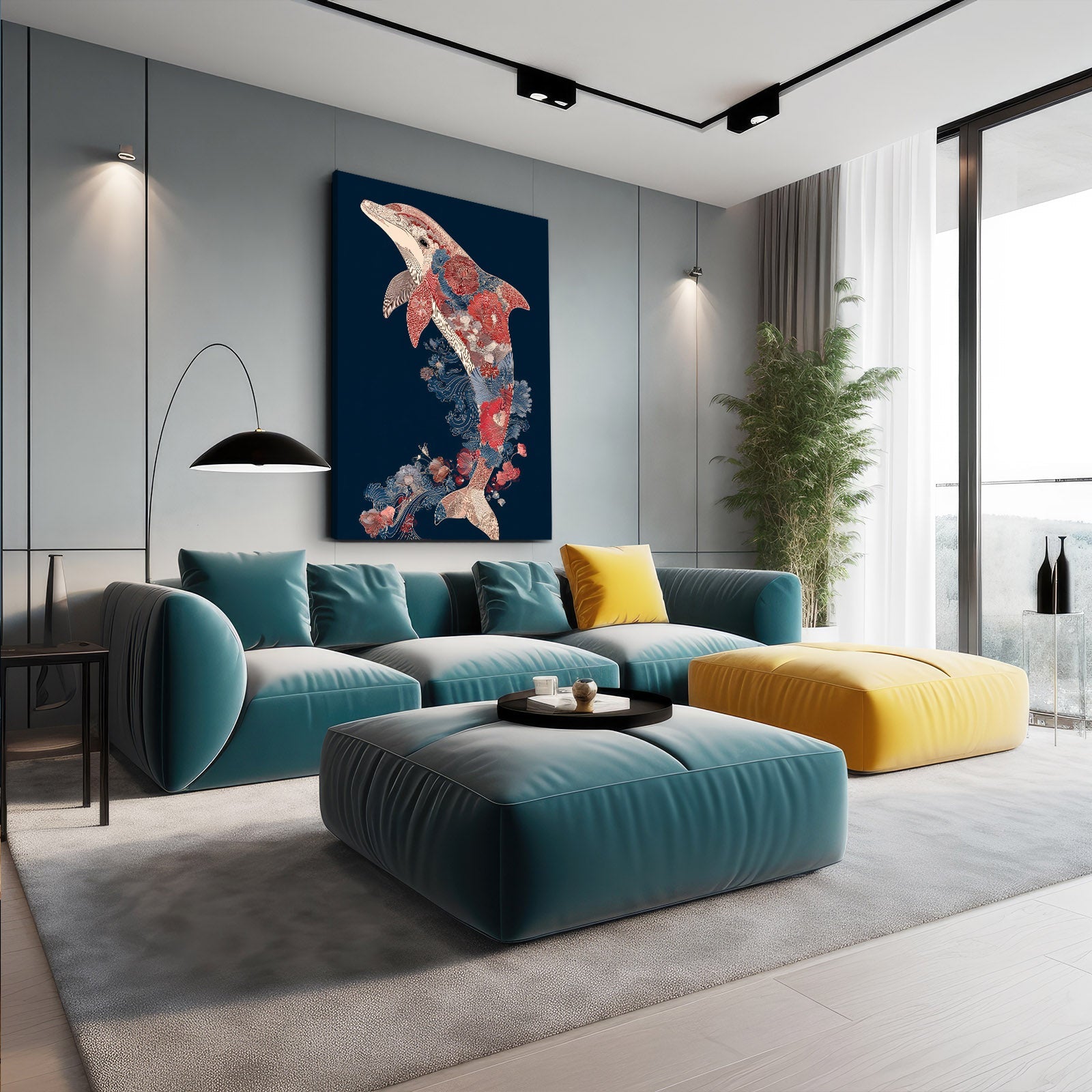 Navy Folk Bloom Dolphin Art – styled in a furnished interior