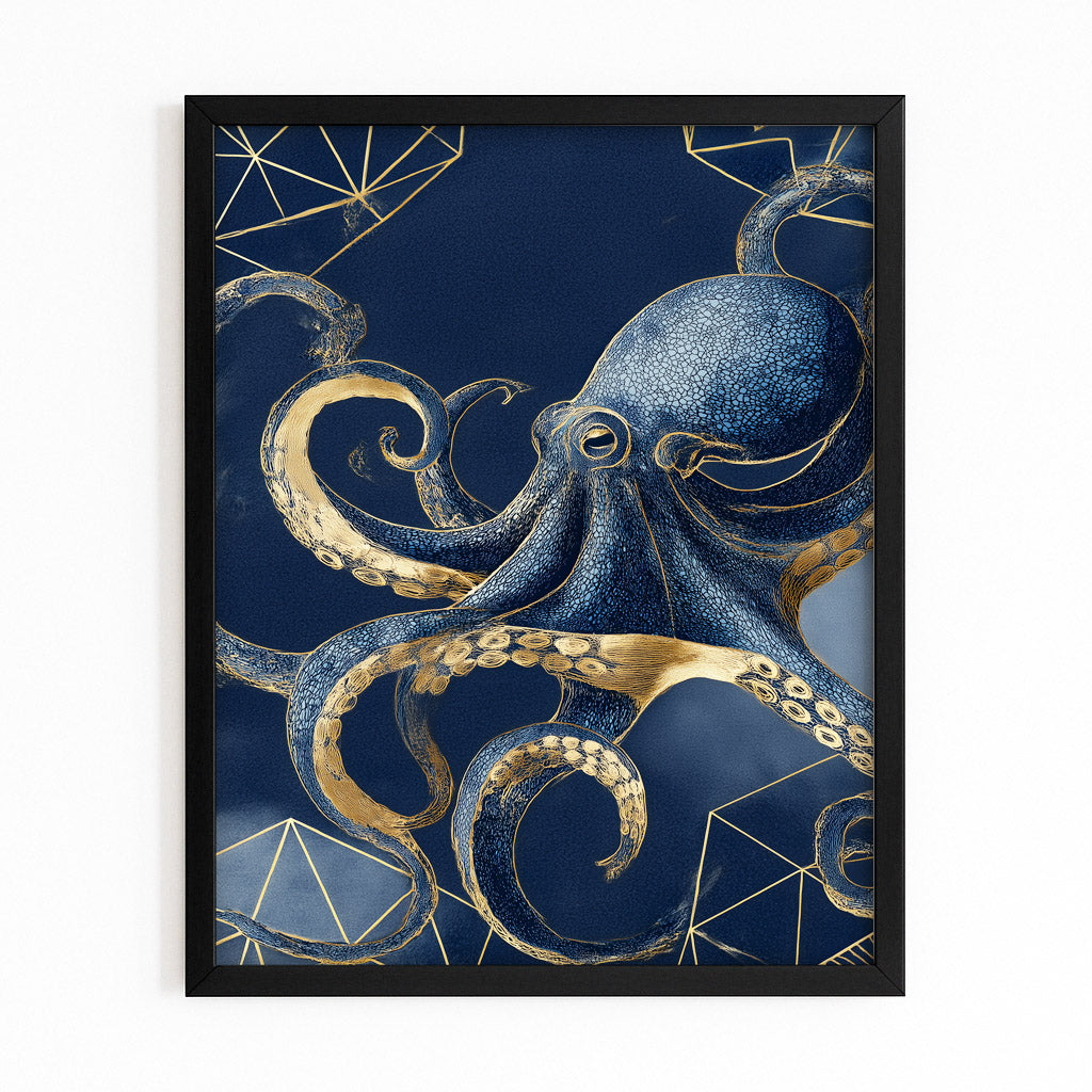 Navy Gold Coils Octopus Canvas Art – with Premium Black frame on white background