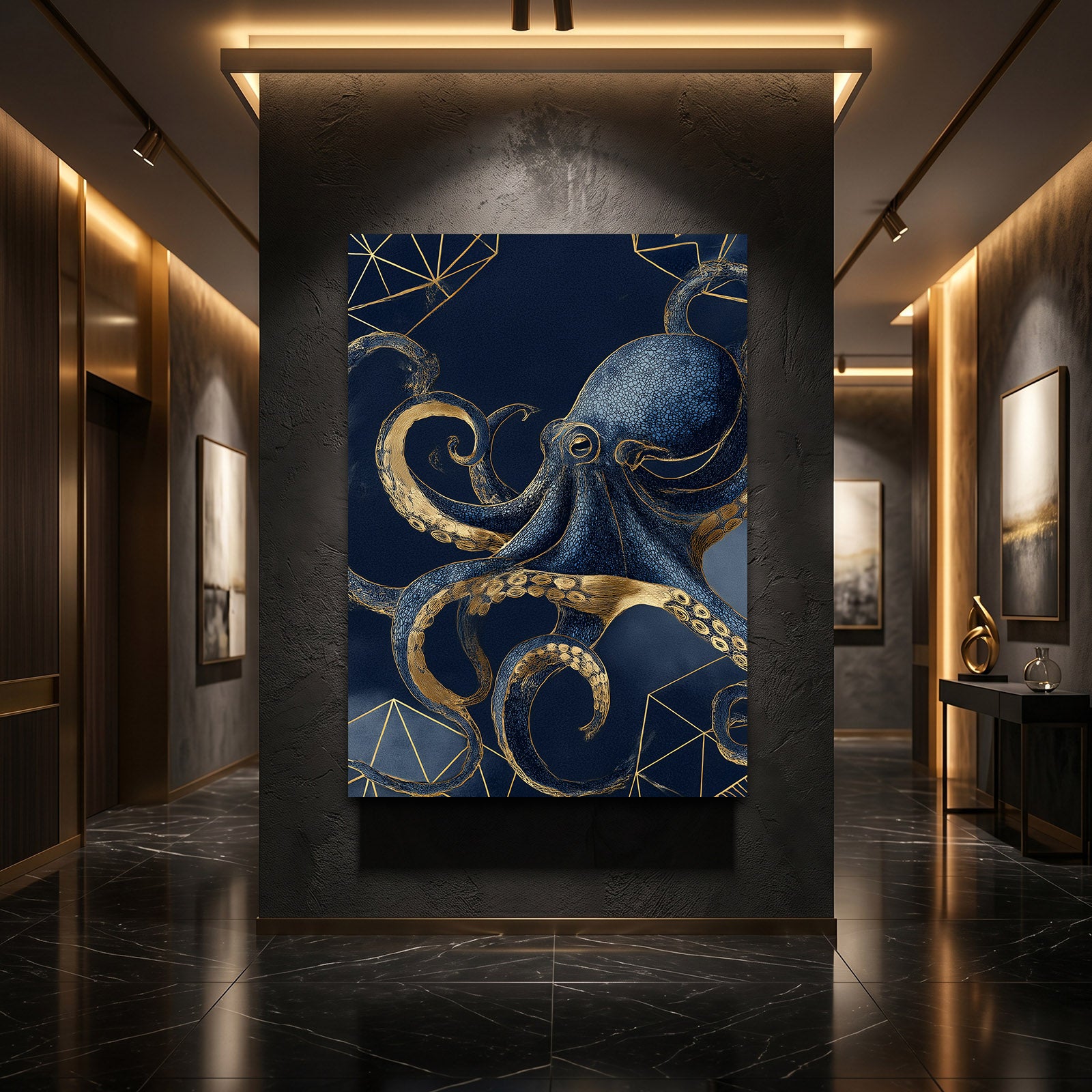 Navy Gold Coils Octopus Canvas Art – styled in a furnished interior