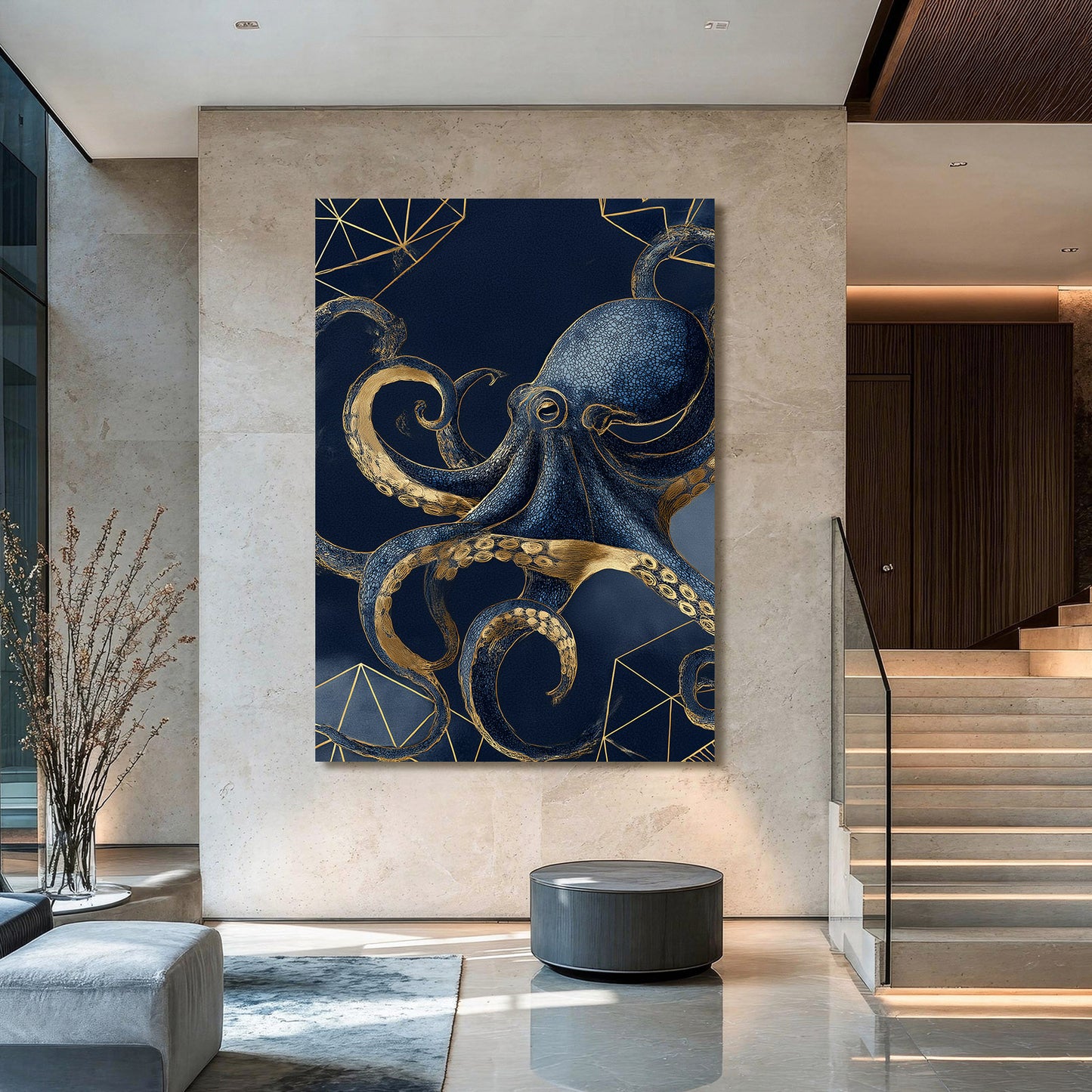 Navy Gold Coils Octopus Canvas Art – styled in a furnished interior