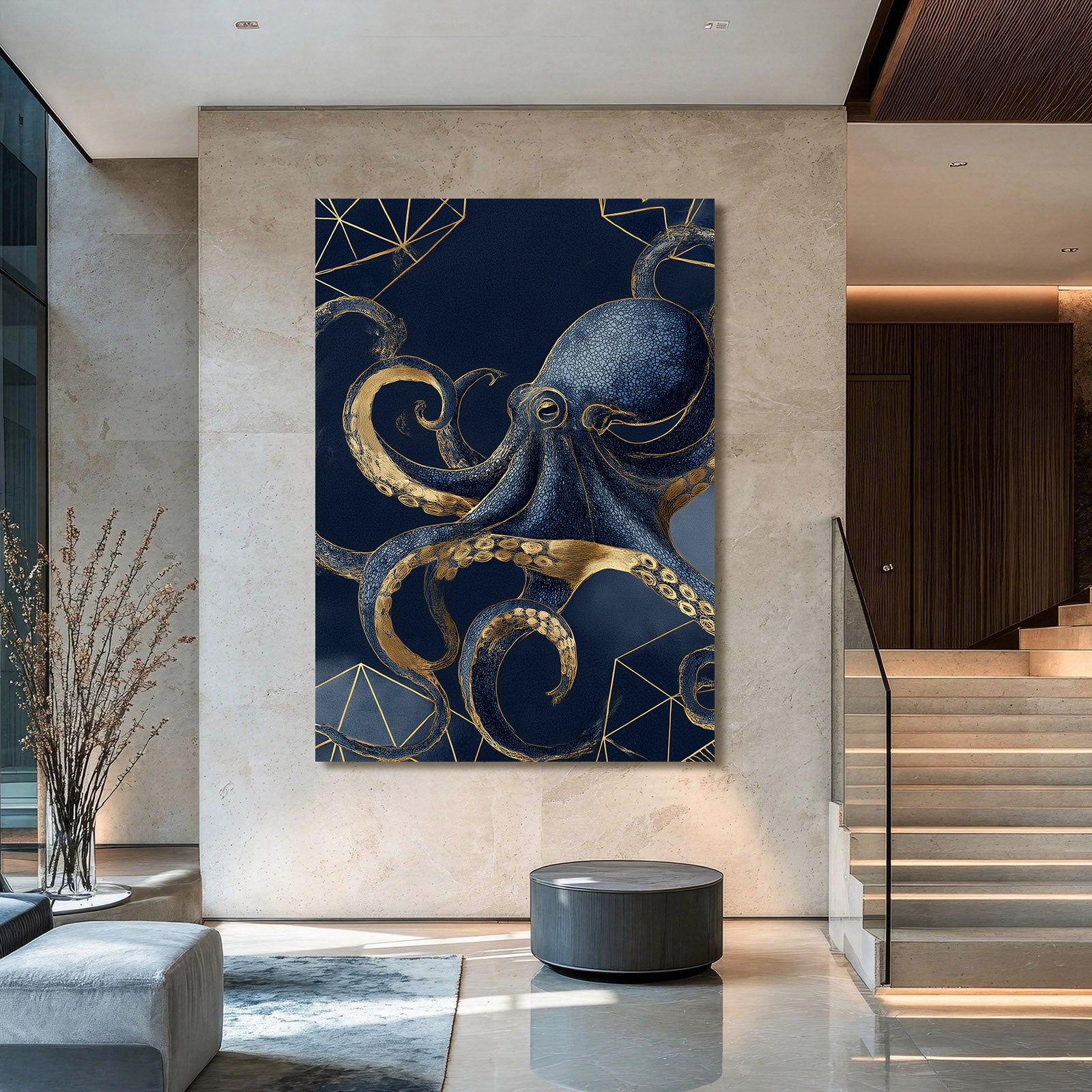 Navy Gold Coils Octopus Canvas Art – styled in a furnished interior