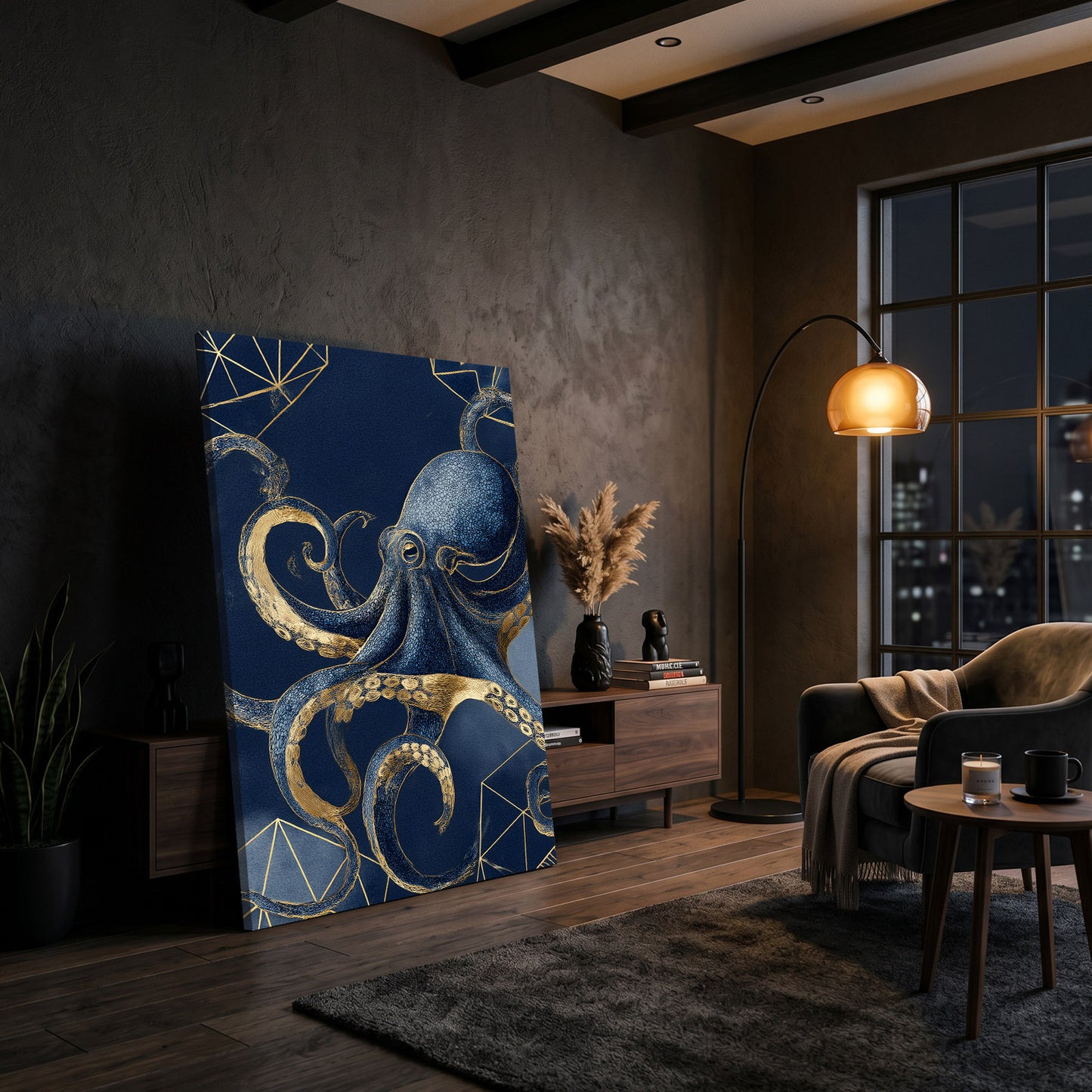 Navy Gold Coils Octopus Canvas Art – styled in a furnished interior