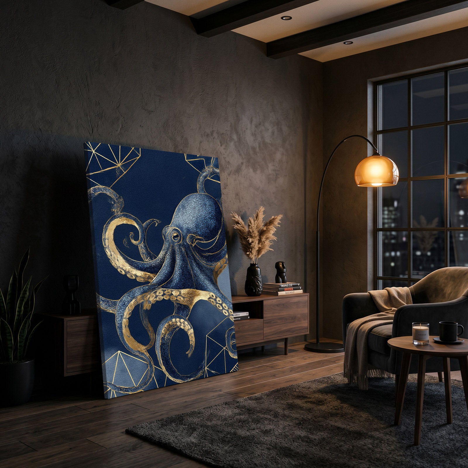 Navy Gold Coils Octopus Canvas Art – styled in a furnished interior