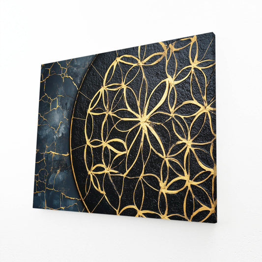 Navy Gold Kintsugi Flower Of Life Prints – angled canvas view on white background