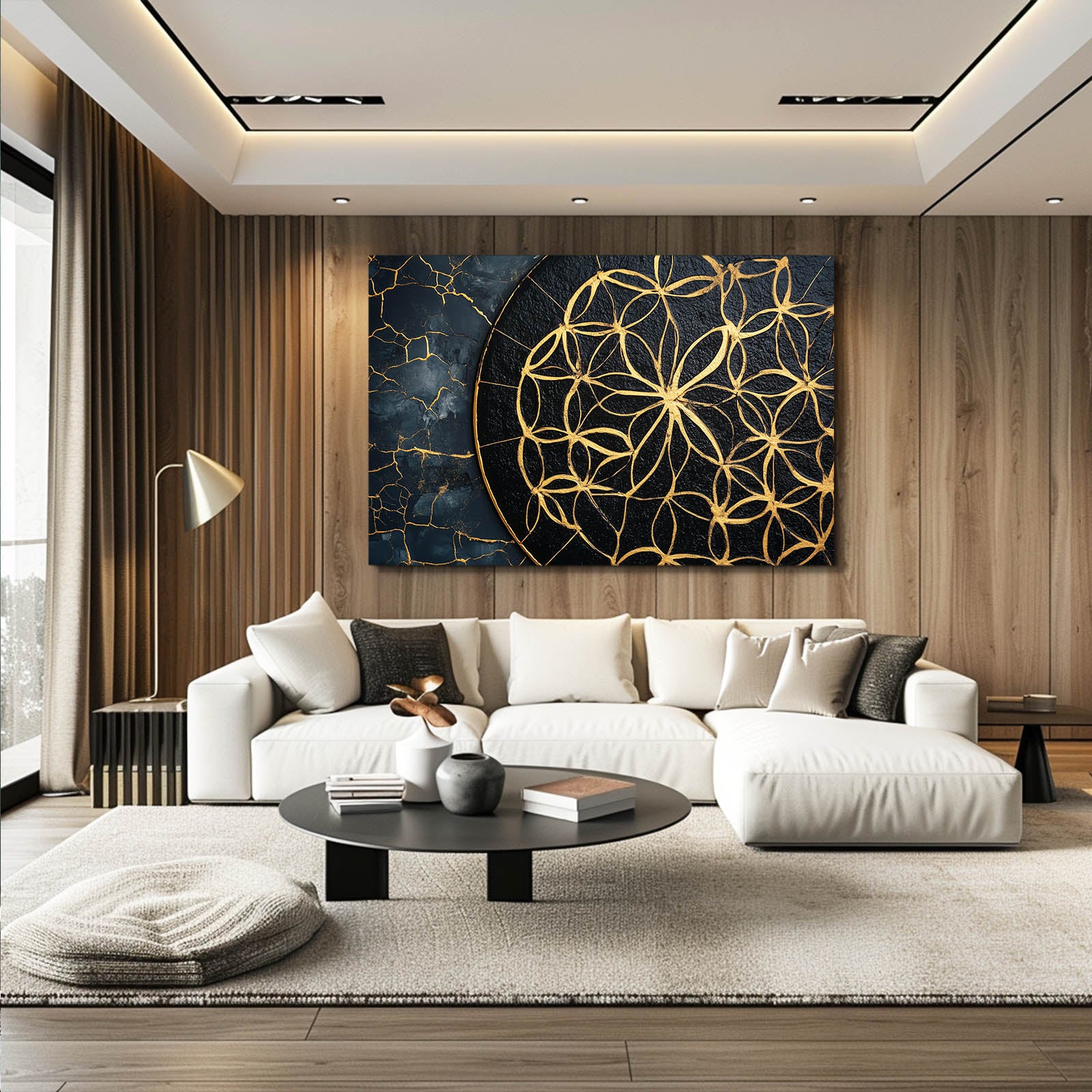 Navy Gold Kintsugi Flower Of Life Prints – styled in a furnished interior