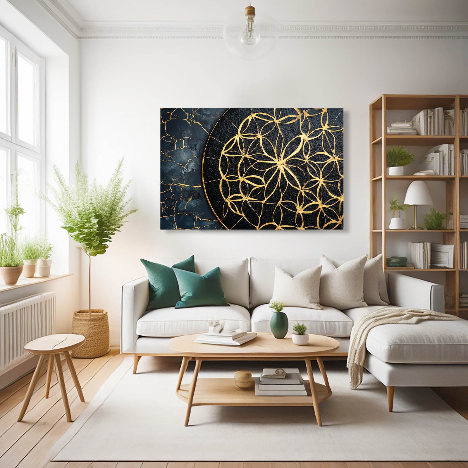 Navy Gold Kintsugi Flower Of Life Prints – styled in a furnished interior