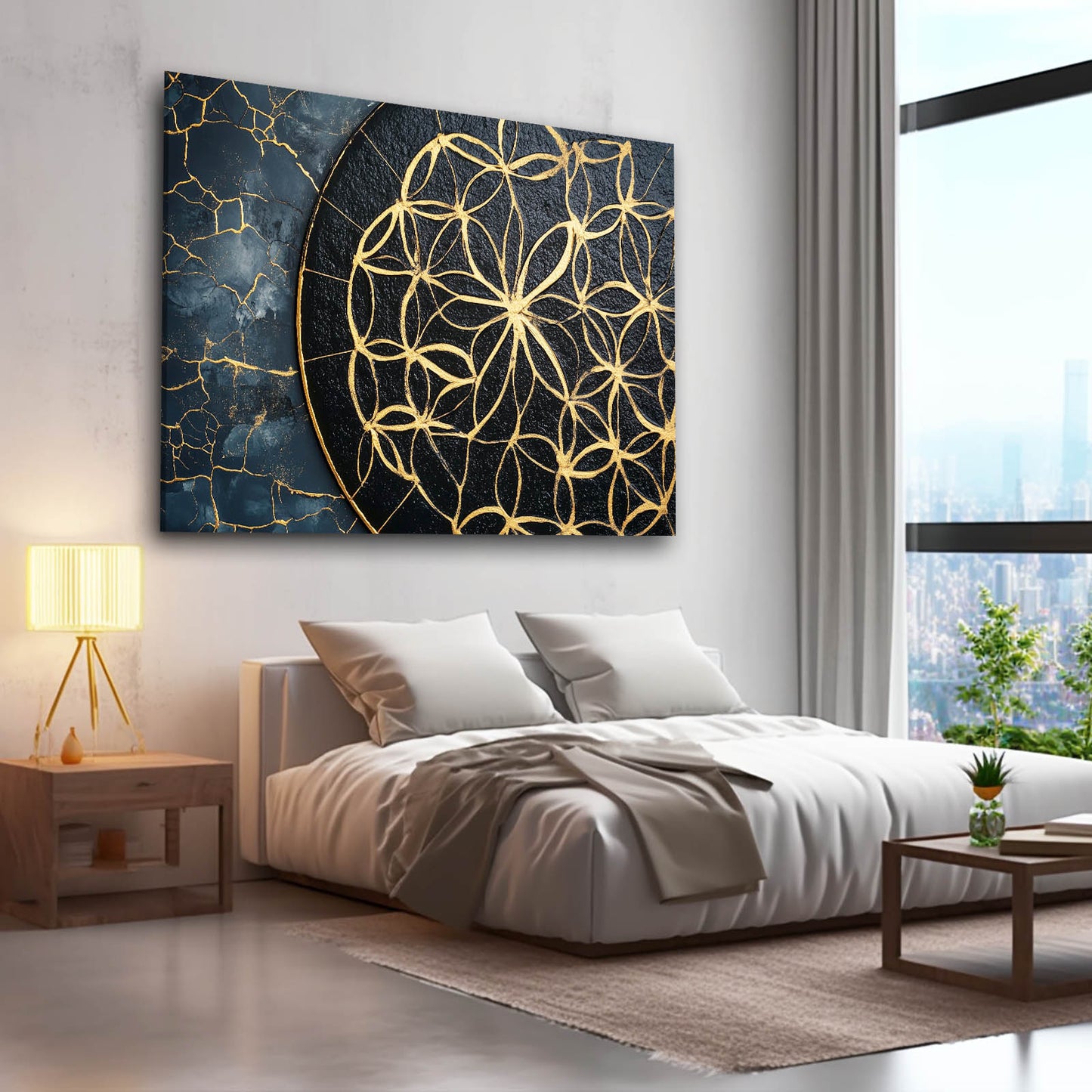 Navy Gold Kintsugi Flower Of Life Prints – styled in a furnished interior