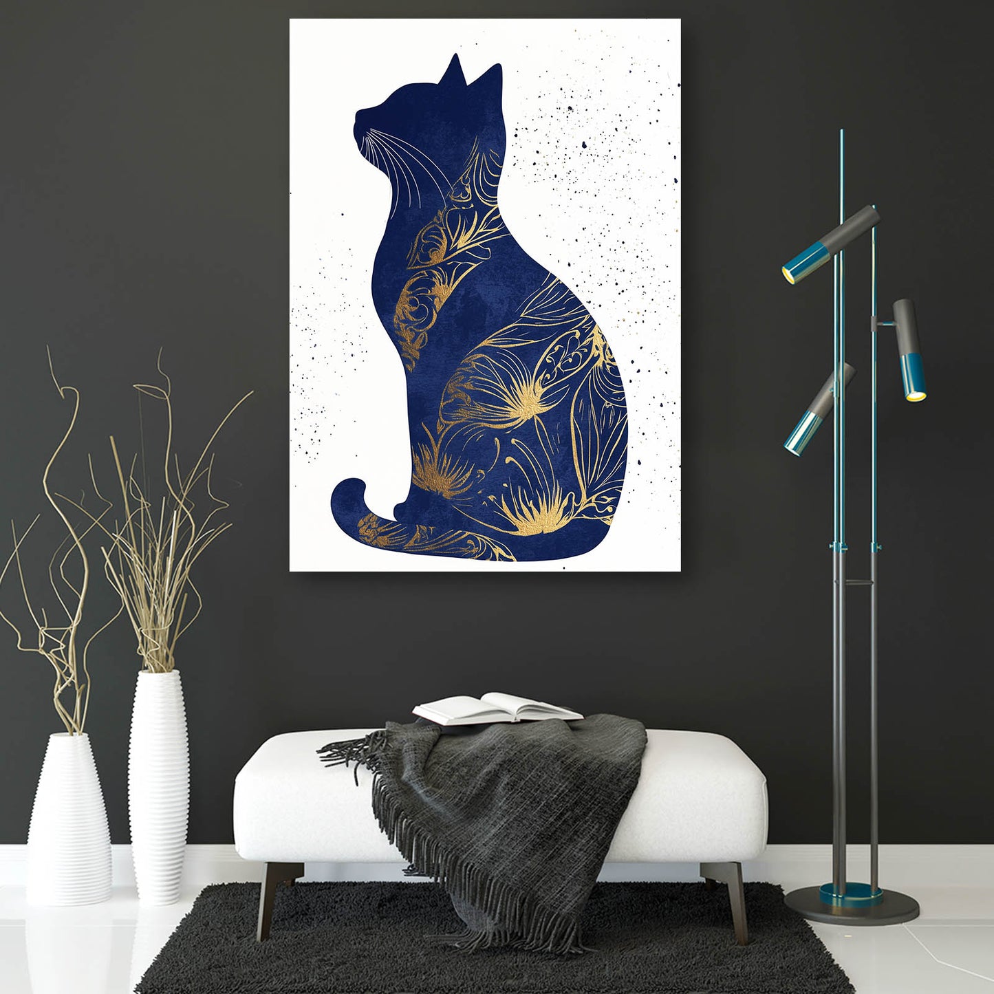 Navy Gold Silhouette Cat Wall Art — contemporary canvas print, styled in a furnished interior
