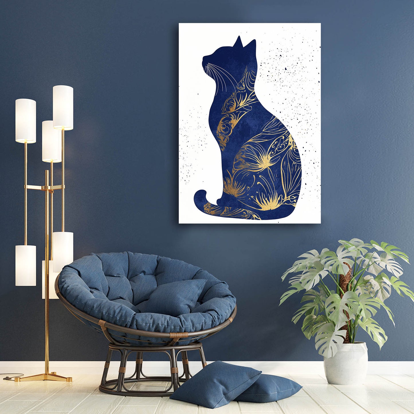 Navy Gold Silhouette Cat Wall Art — contemporary canvas print, styled in a furnished interior