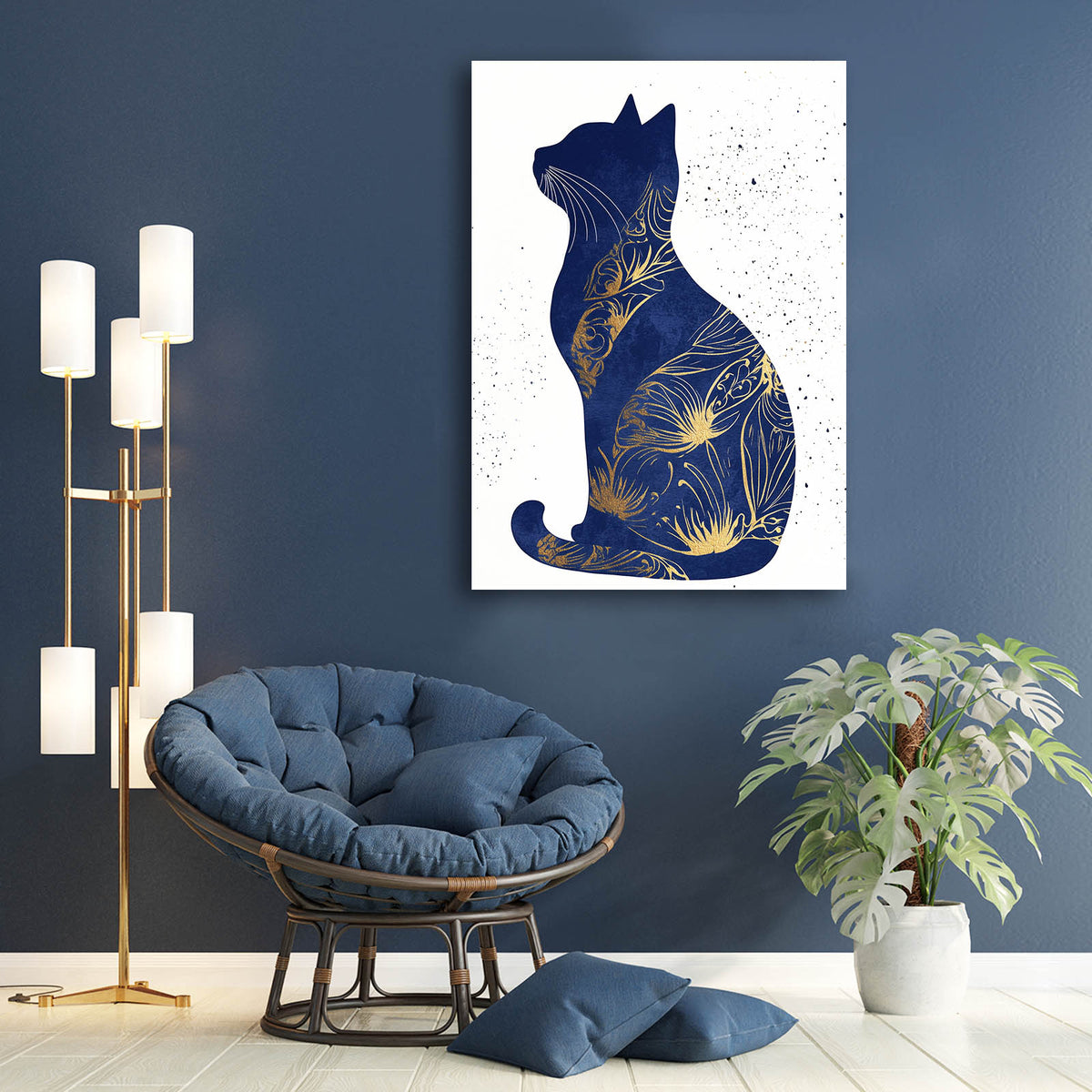 Navy Gold Silhouette Cat Wall Art — contemporary canvas print, styled in a furnished interior