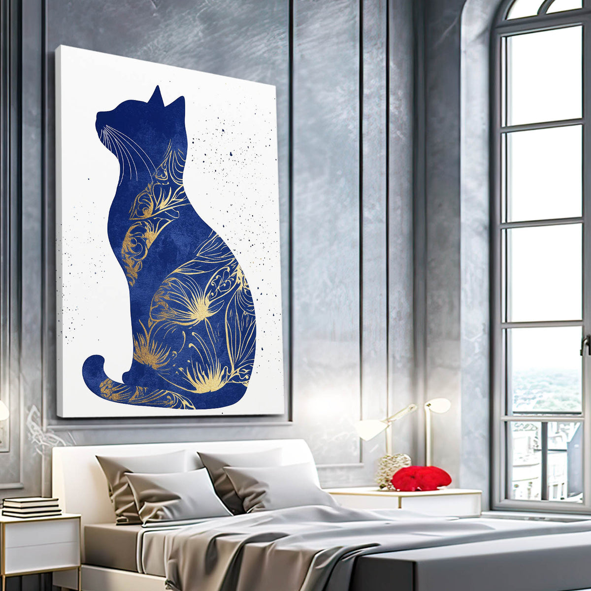 Navy Gold Silhouette Cat Wall Art — contemporary canvas print, styled in a furnished interior
