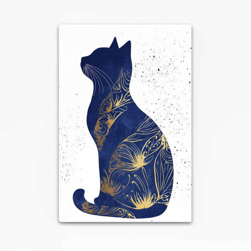 Navy Gold Silhouette Cat Wall Art — contemporary canvas print, angled canvas view on white background