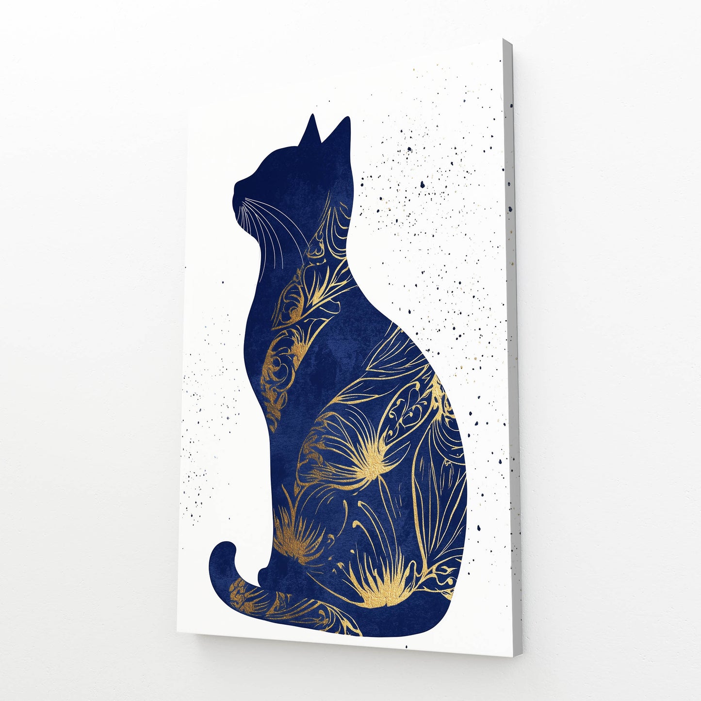 Navy Gold Silhouette Cat Wall Art — contemporary canvas print, angled canvas view on white background