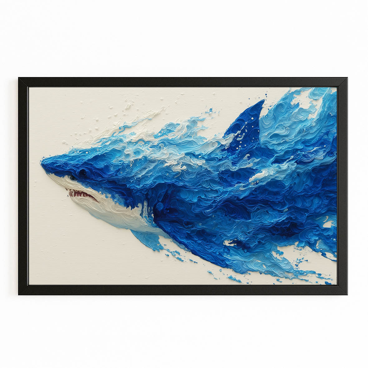Navy Ink Splash Shark Canvas Art – with Premium Black frame on white background