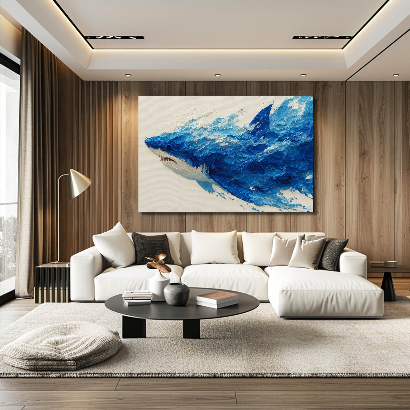 Navy Ink Splash Shark Canvas Art – styled in a furnished interior
