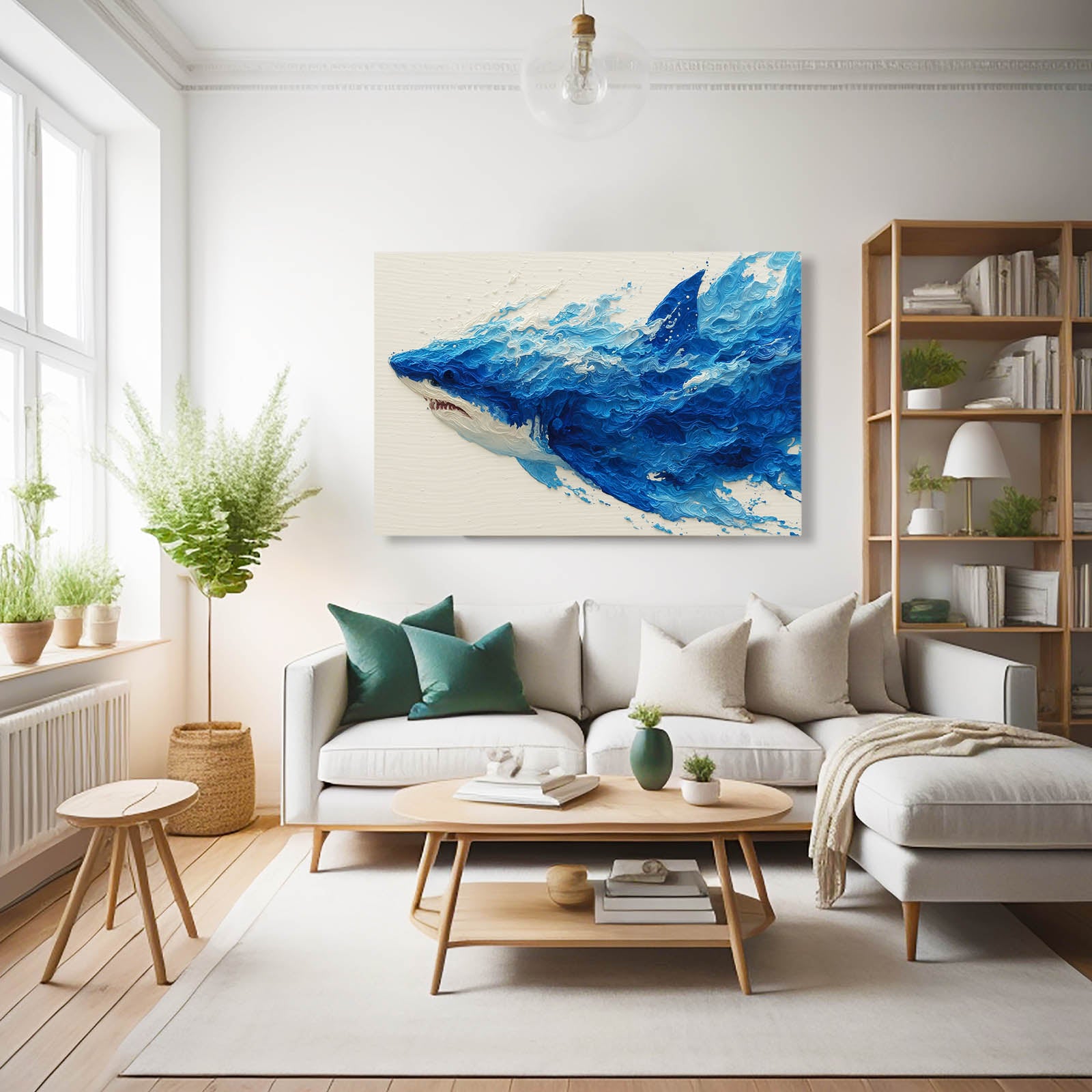 Navy Ink Splash Shark Canvas Art – styled in a furnished interior