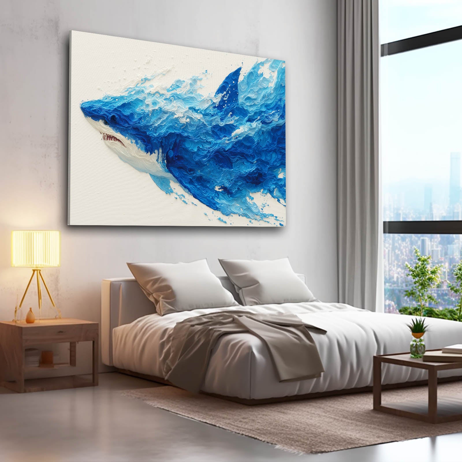 Navy Ink Splash Shark Canvas Art – styled in a furnished interior