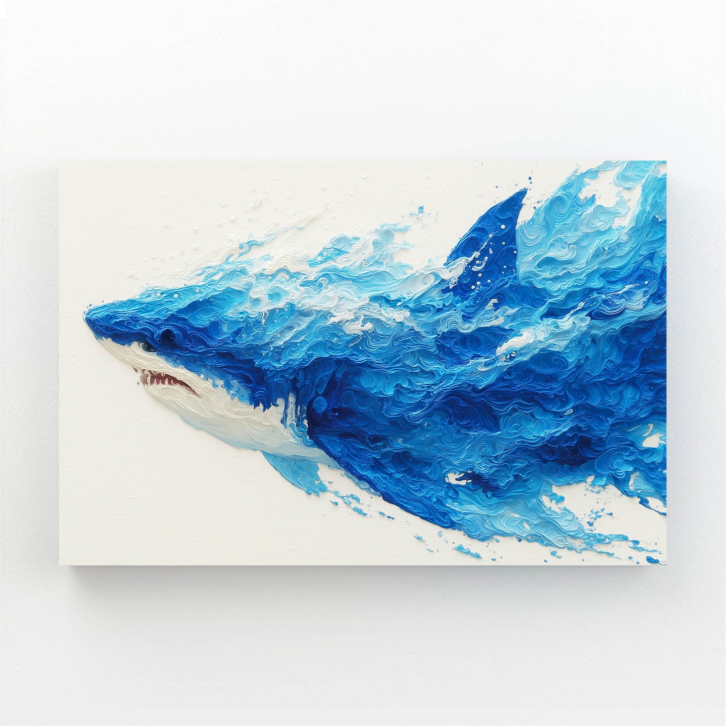 Navy Ink Splash Shark Canvas Art – angled canvas view on white background