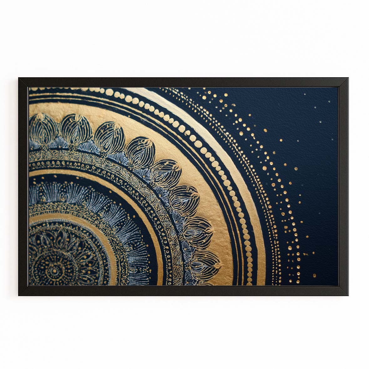 Navy Mandala Arc Gold Canvas – with Premium Black frame on white background