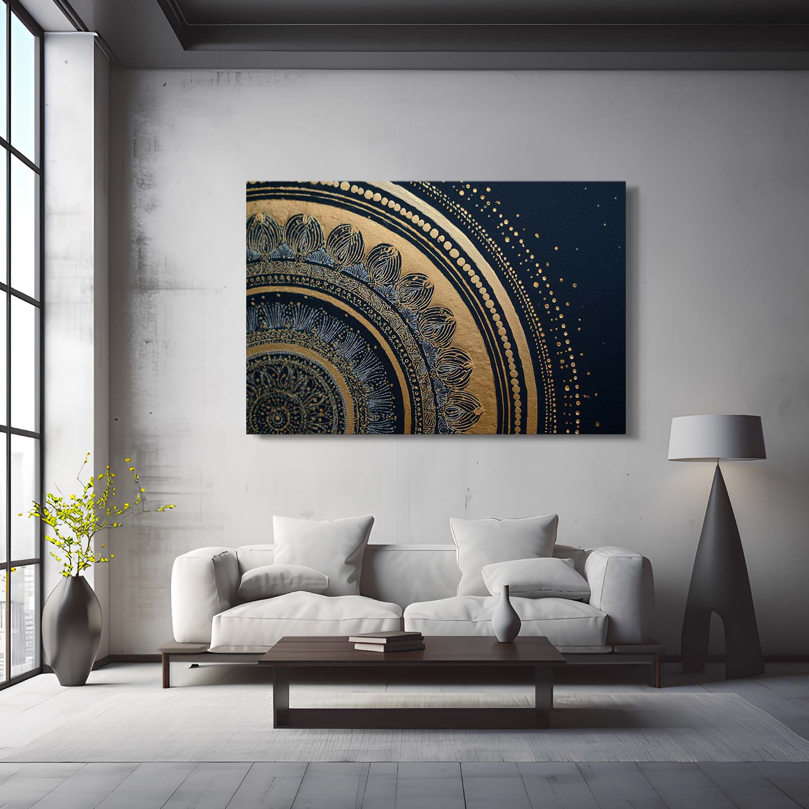 Navy Mandala Arc Gold Canvas – styled in a furnished interior