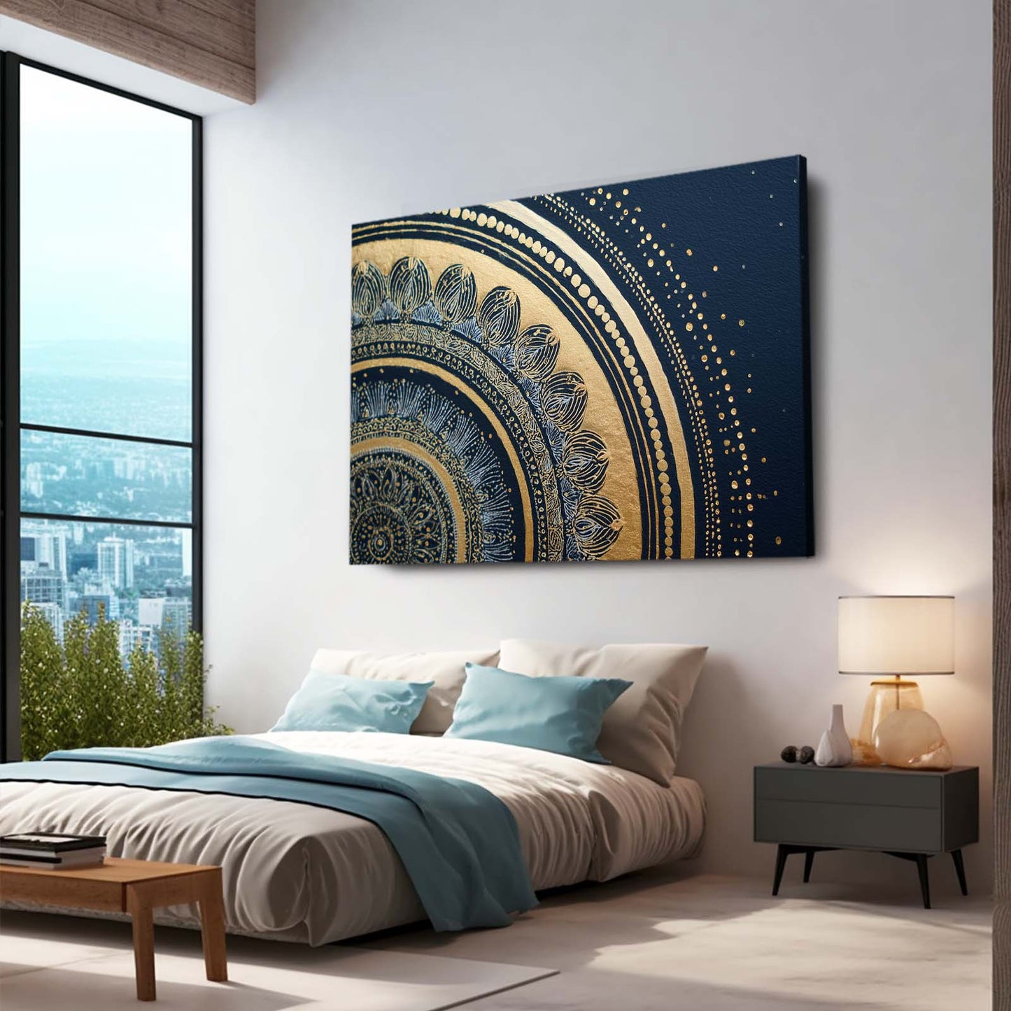 Navy Mandala Arc Gold Canvas – styled in a furnished interior