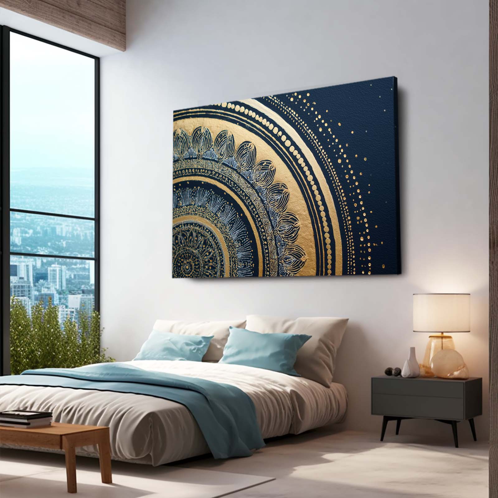 Navy Mandala Arc Gold Canvas – styled in a furnished interior