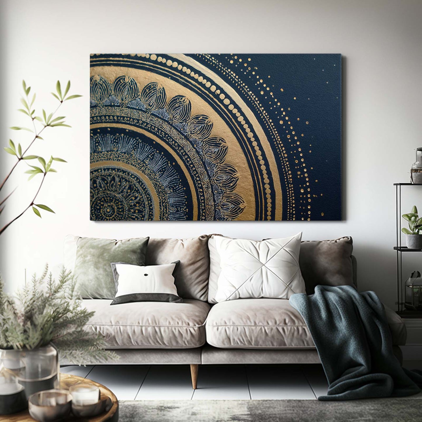 Navy Mandala Arc Gold Canvas – styled in a furnished interior