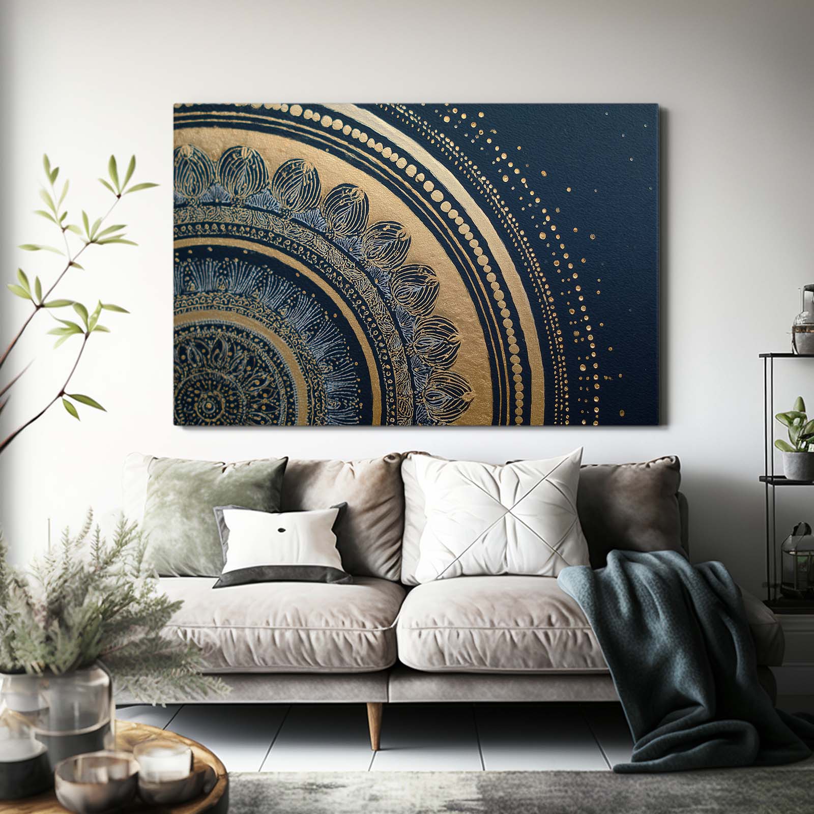 Navy Mandala Arc Gold Canvas – styled in a furnished interior