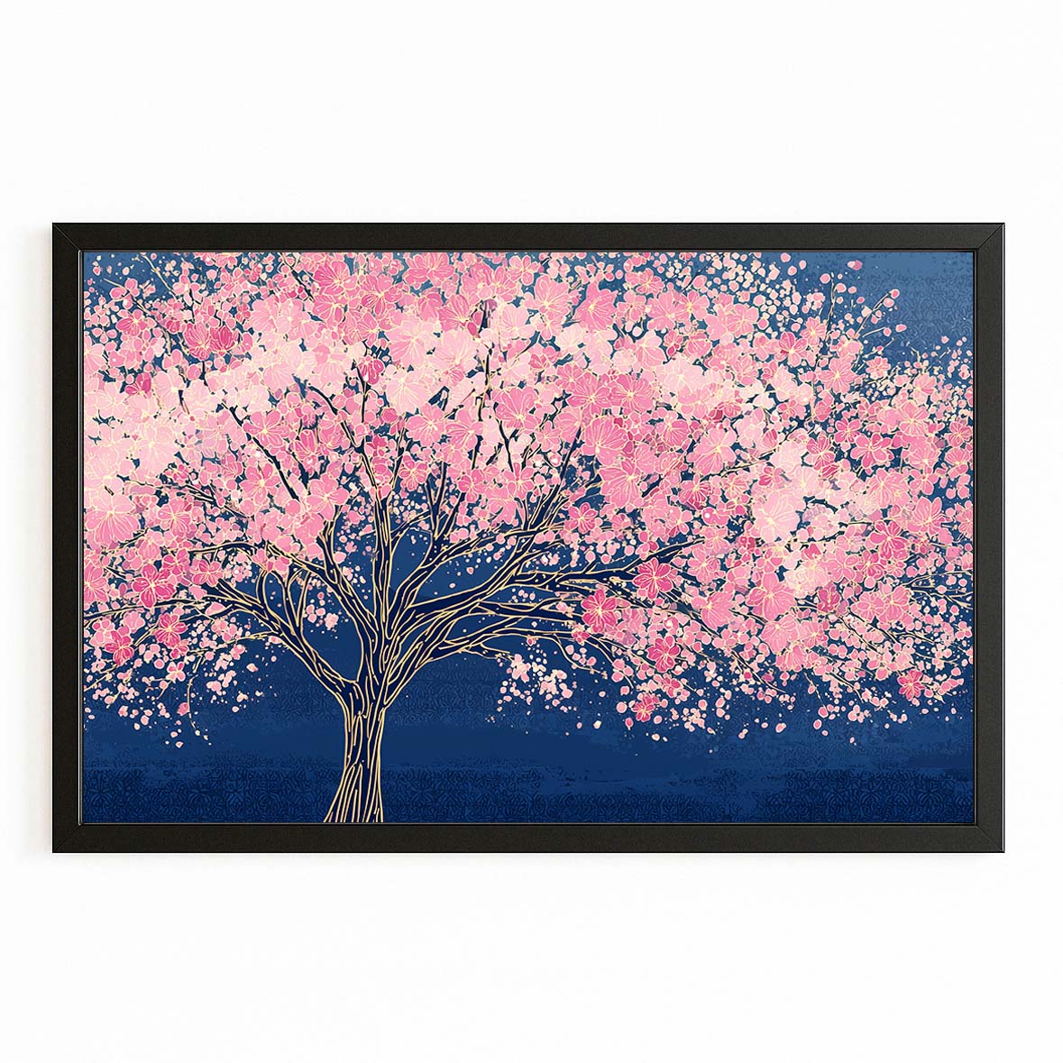 Navy Night Tree Cherry Blossom Wall Art – with Premium Black frame on white background