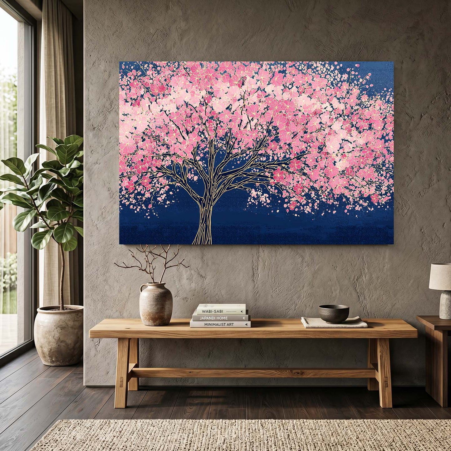Navy Night Tree Cherry Blossom Wall Art – styled in a furnished interior