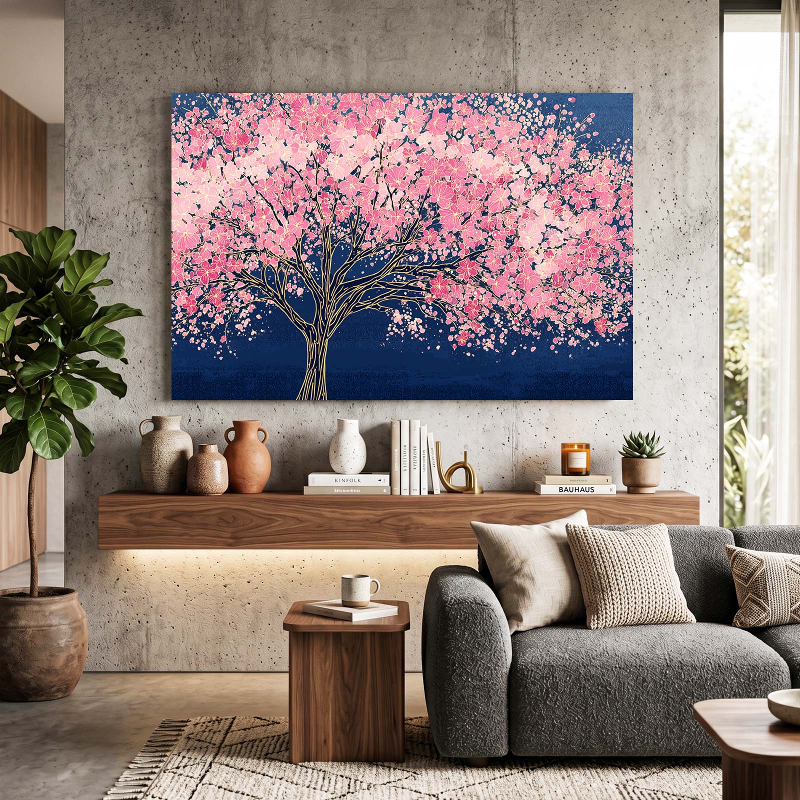 Navy Night Tree Cherry Blossom Wall Art – styled in a furnished interior