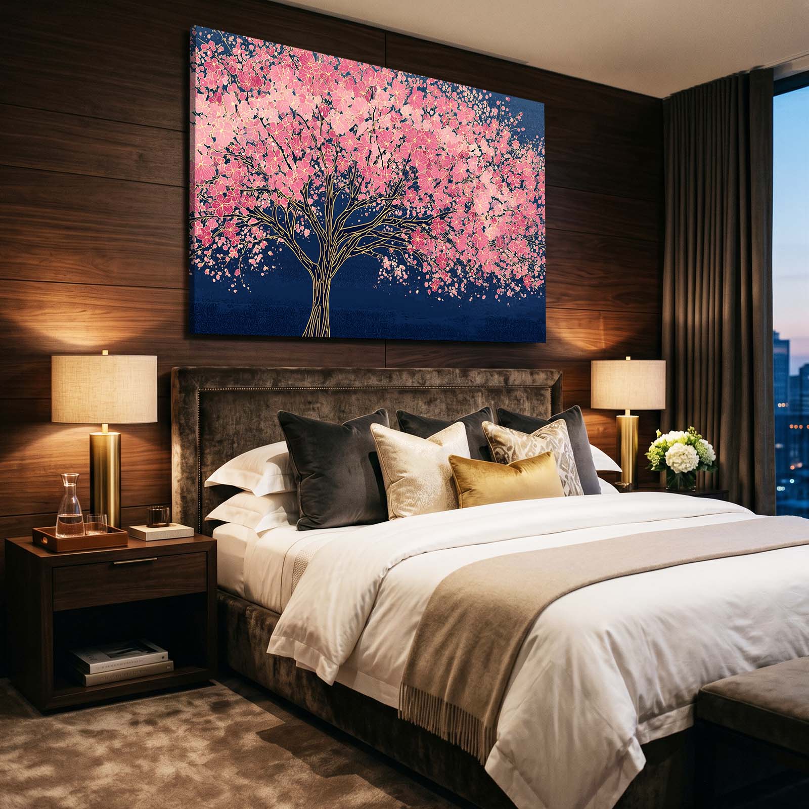 Navy Night Tree Cherry Blossom Wall Art – styled in a furnished interior