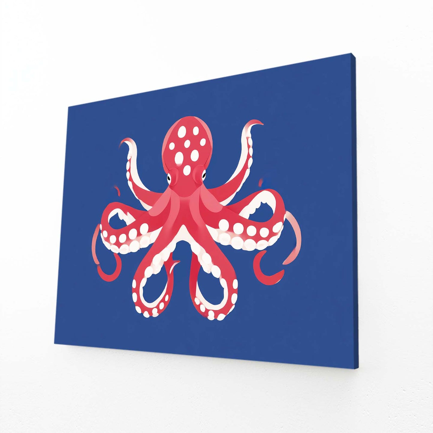 Navy Poster Red Octopus Canvas – angled canvas view on white background