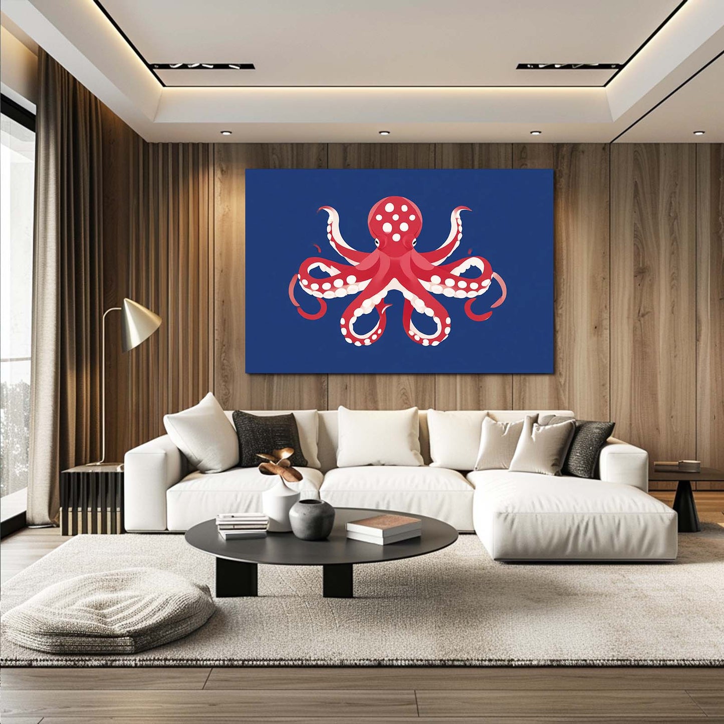 Navy Poster Red Octopus Canvas – styled in a furnished interior