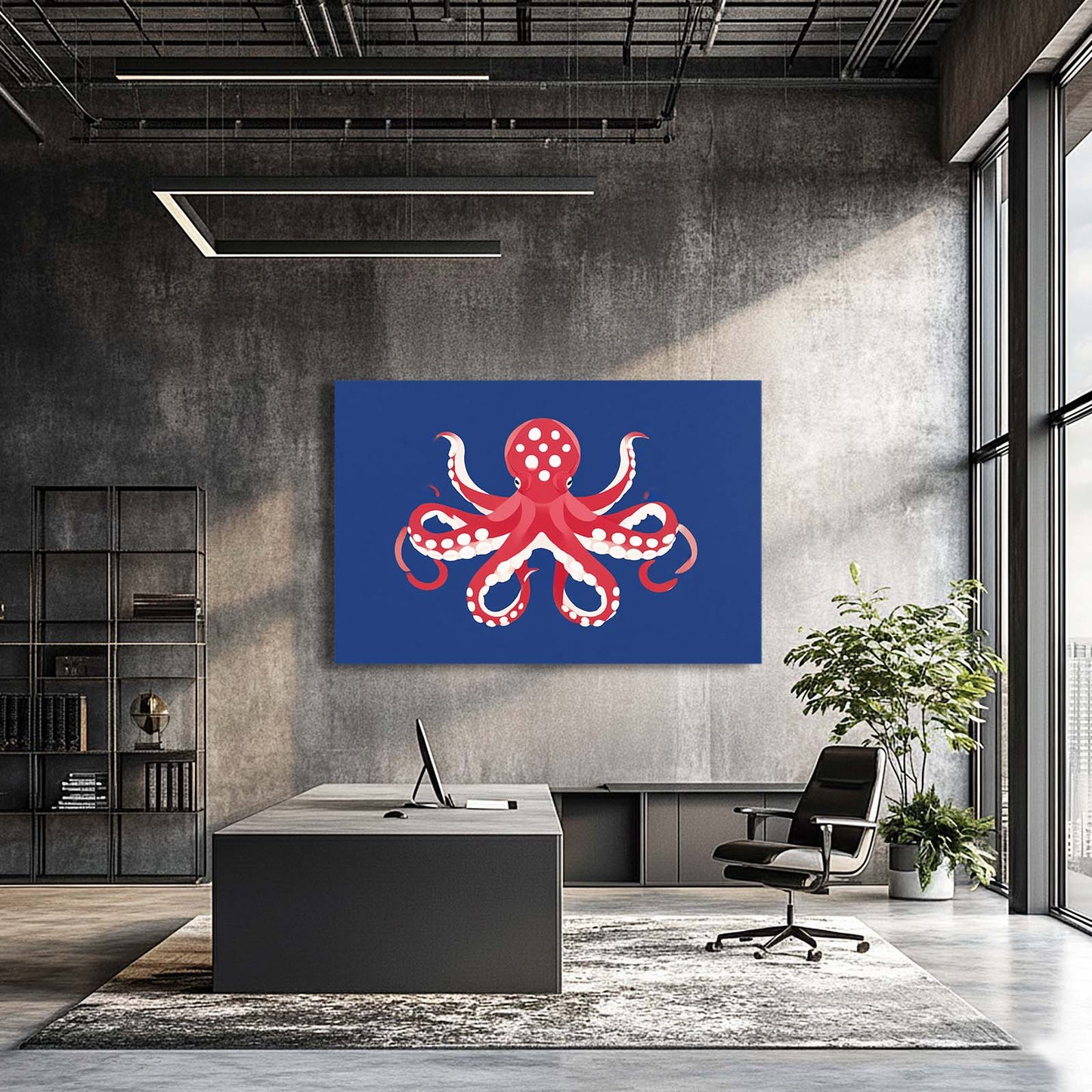 Navy Poster Red Octopus Canvas – styled in a furnished interior