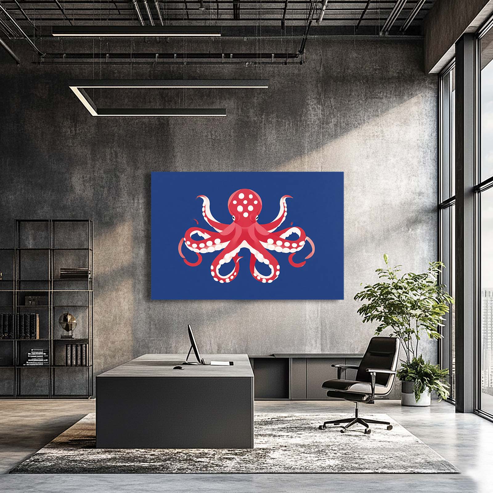 Navy Poster Red Octopus Canvas – styled in a furnished interior