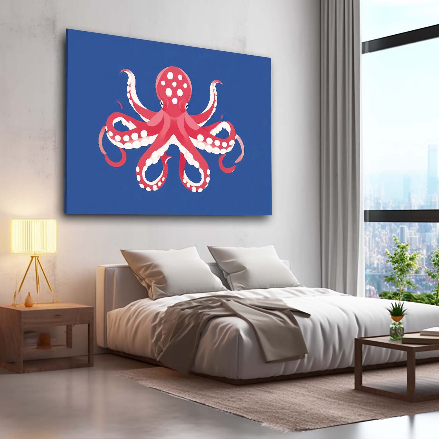 Navy Poster Red Octopus Canvas – styled in a furnished interior