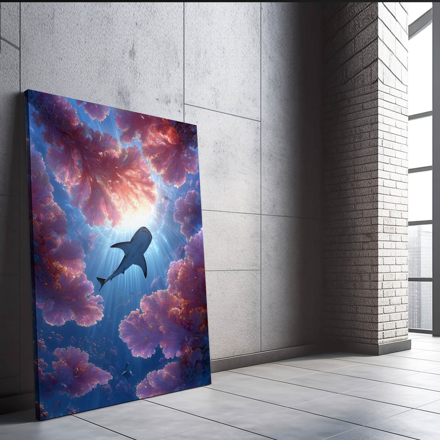 Nebula Cloud Cosmic Shark Canvas – styled in a furnished interior