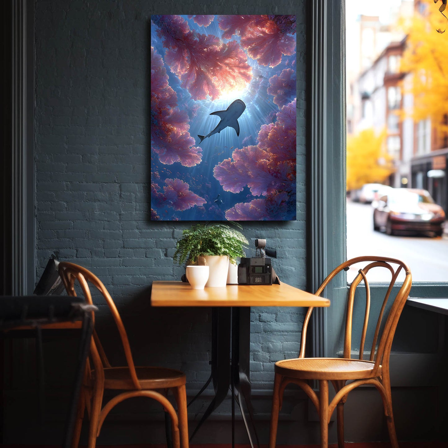Nebula Cloud Cosmic Shark Canvas – styled in a furnished interior