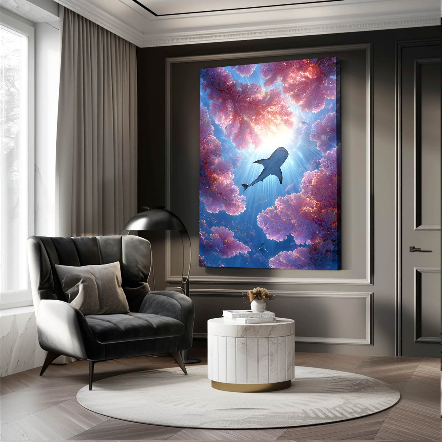 Nebula Cloud Cosmic Shark Canvas – styled in a furnished interior