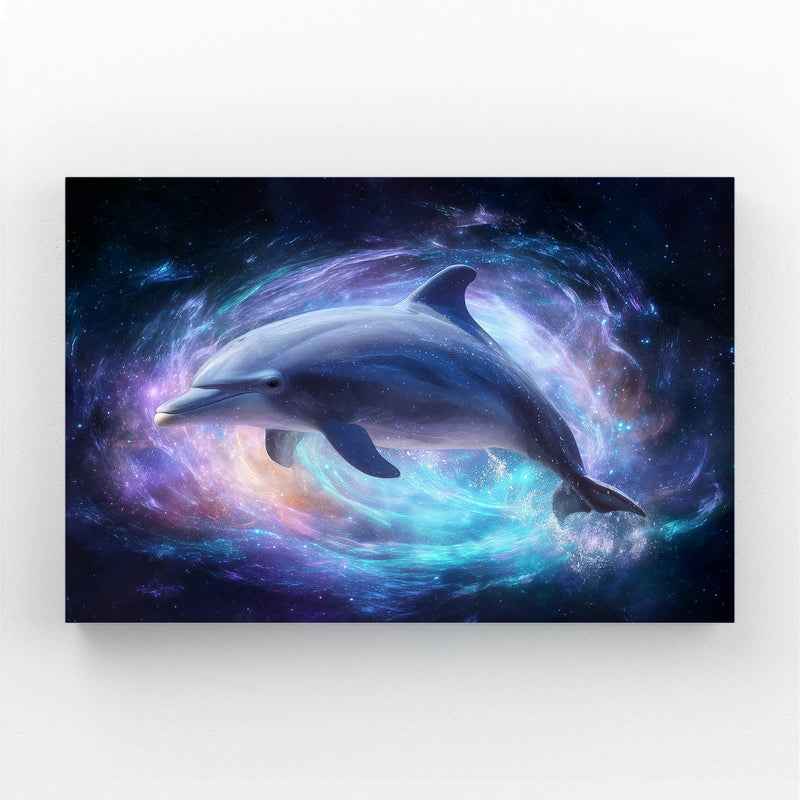Nebula Pair Dolphin Wall Art – two dolphins swimming through a swirling purple and blue galaxy nebula