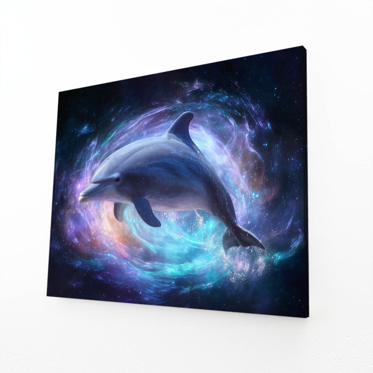 Nebula Pair Dolphin Wall Art – angled canvas view on white background