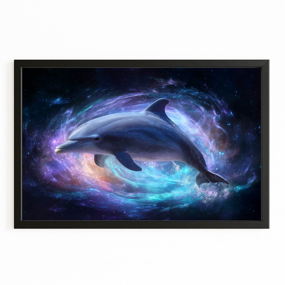 Nebula Pair Dolphin Wall Art – with Premium Black wood frame on white background