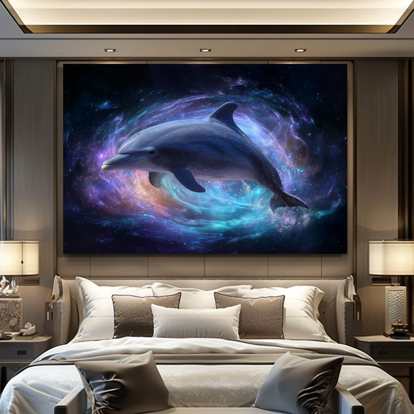 Nebula Pair Dolphin Wall Art – styled in a furnished interior
