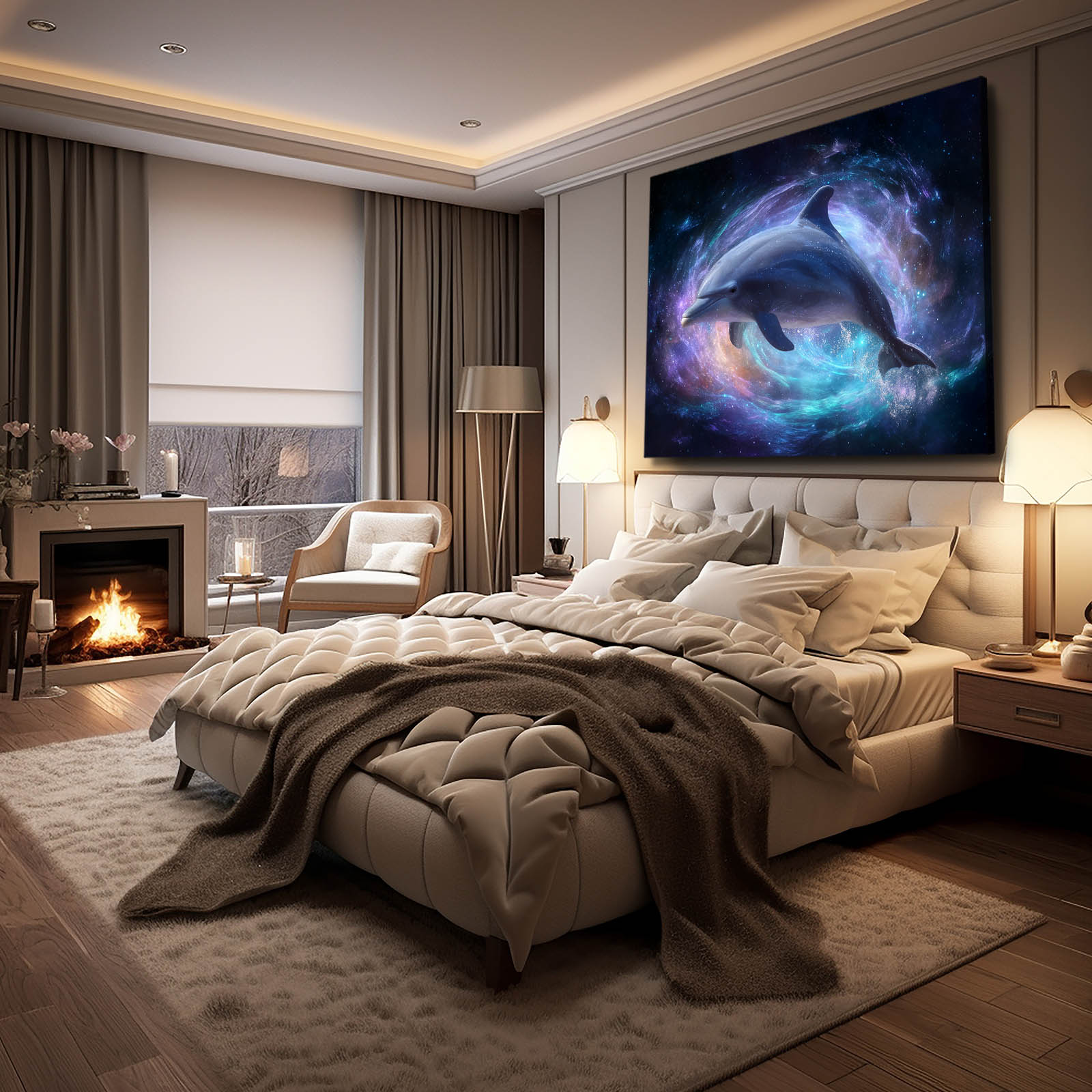 Nebula Pair Dolphin Wall Art – styled in a furnished interior