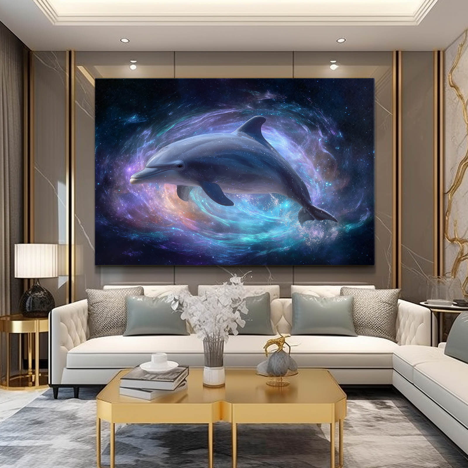 Nebula Pair Dolphin Wall Art – styled in a furnished interior