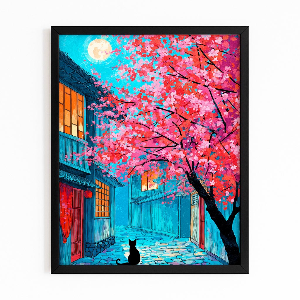 Neon Alley Cat Cherry Blossom Canvas – with Premium Black frame on white background