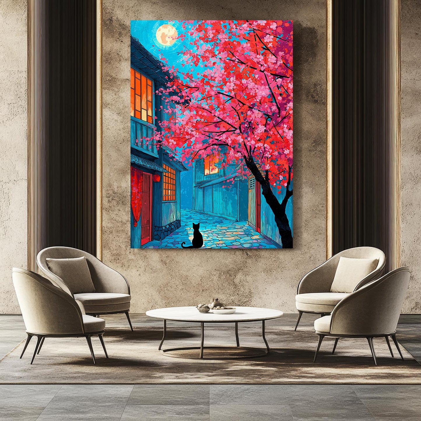 Neon Alley Cat Cherry Blossom Canvas – styled in a furnished interior